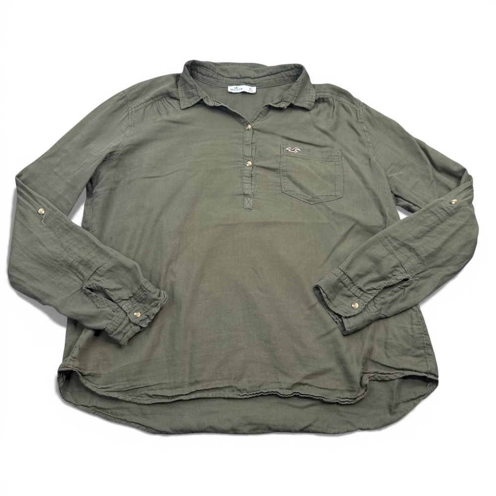 Vintage Y2K Hollister Blouse Top Womens Size XL Army Green 1/2 Button Pocket